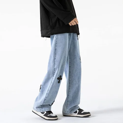 Miniatura 2 de Pantalones de mezclilla holgados para hombre, estilo hip-hop, cruzados, holgados, pierna ancha, rectos, ropa de calle