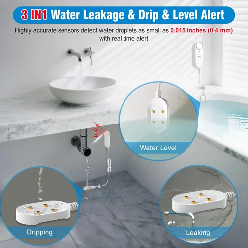 Miniatura 3 de Daytech Alarma de Sensor de Agua Detector de Fugas – Alerta fuerte de 100 dB, cable de detección de 6.5 pies, 4 niveles de volumen, sensor detector
