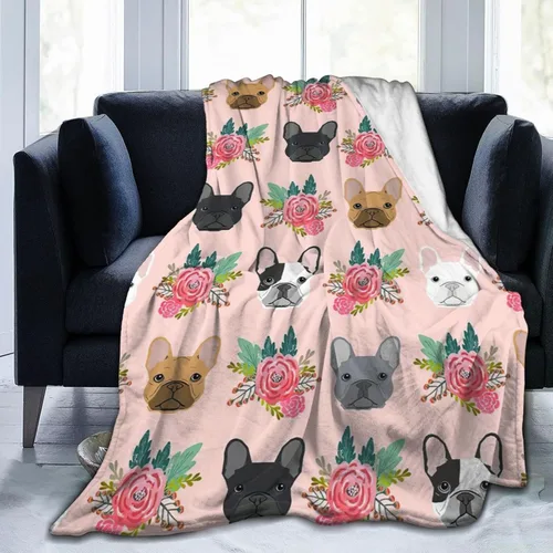 HAZIMCS Manta de franela de felpa de forro polar, diseño floral de bulldog francés, lindo regalo para mascotas, razas de perro, para sillón