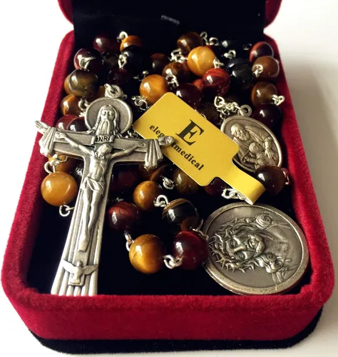 Miniatura 6 de elegantmedical Ojo de tigre hecho a mano 5 cuentas de rosario de cuentas de cruz de Italia Crucifijo collar caja para hombres y mujeres regalos