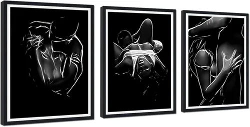 Miniatura 70 de Novatique 3 piezas de arte de pared sexy en blanco y negro para parejas desnudas, decoración de pared abstracta de amor para mujeres y hombres, arte