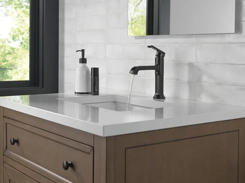 Miniatura 3 de Delta Tetra - Grifo de baño negro mate de 1 agujero, grifo de lavabo de baño de un solo orificio para tocador, conjunto de drenaje de metal