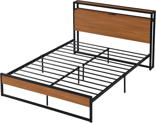 Miniatura 4 de VilroCaz Cama de plataforma de tamaño matrimonial con enchufes y puertos USB, marco de cama de plataforma de metal moderno con cajones, soporte
