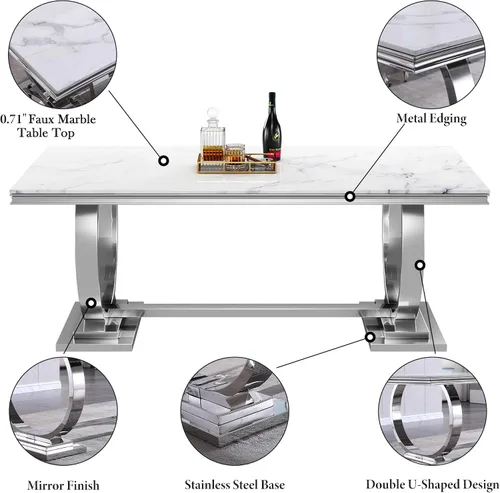 Miniatura 6 de Juego de mesa de comedor de mármol sintético, 7 piezas, juego de mesa de cocina y comedor para 6, mesa de comedor rectangular blanca de 70 pulgadas