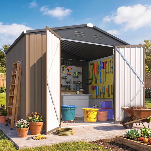 Miniatura 17 de AECOJOY Cobertizo de almacenamiento de metal para exteriores de 4 x 6 pies, cobertizo de herramientas de jardín resistente con puerta doble con Gris