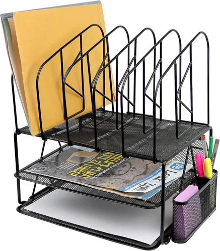 Greenco Malla 2 estantes computadora Archivo Organizador Estantes con 5 Organizador de archivos secciones, color negro