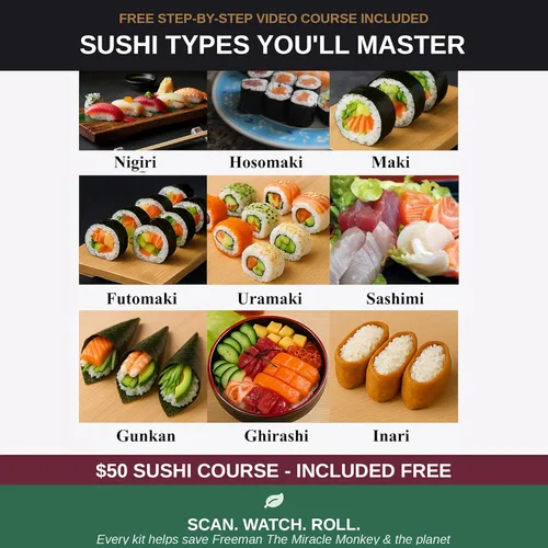Miniatura 8 de Albino monkey Kit de fabricación de sushi con cuchillo Pro Sashimi – Rollo de más de 10 tipos de sushi – Bazuca de sushi, bambú + alfombrillas aptas