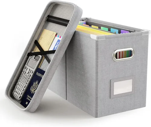 Miniatura 12 de Oterri Caja de archivos colgante con bolsillo de malla, caja organizadora de archivos con tapa, caja organizadora de documentos plegable