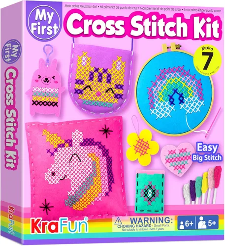 Miniatura 9 de KRAFUN Kits de Punto de Cruz para Niños Principiantes, 4 Llaveros de Punto de Cruz Artes y Manualidades con Animales, Unicornio, Kit de Bordado