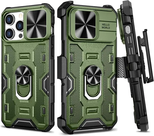Miniatura 19 de VEGO Funda para iPhone 13 y iPhone 14 con soporte de clip para cinturón, cubierta deslizante para cámara y soporte magnético giratorio de 360°
