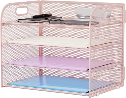 Miniatura 15 de Marbrasse Organizador de Papel de 4 Niveles Bandeja para Cartas - Organizador de Archivos de Escritorio de Malla con Asa, Organizador Clasificador