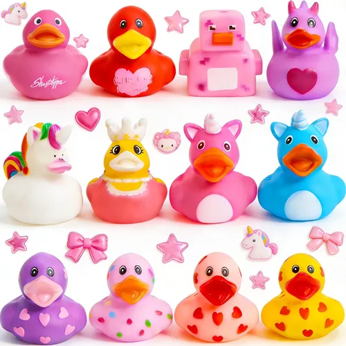 Patos de goma para niñas, paquete de 12 patos de goma rosa a granel, patos para patos de unicornio, juguetes de baño para bebés, regalos de fiesta