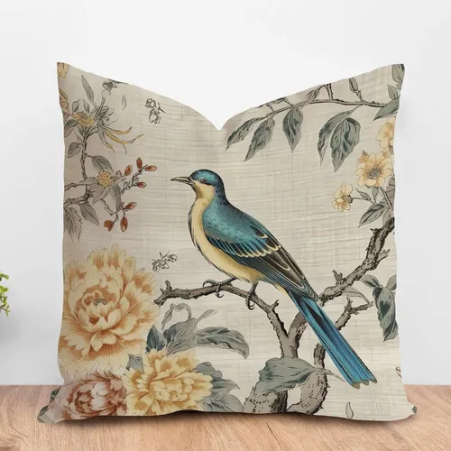 ArogGeld Fundas de cojín de granja de pájaros chinoiserie, color amarillo, gris, peonía, pavo real, decoración del hogar, fundas de cojín