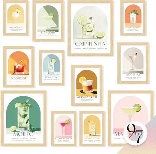 97 Decor Póster de cóctel vintage, arte de pared de cóctel colorido, decoración retro de carrito de bar y accesorios, lindas imágenes estéticas de