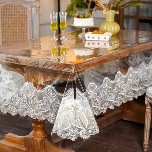 Miniatura 3 de ARTABLE Mantel rectangular de vinilo de PVC, impermeable, transparente, con borde de macramé de encaje champán, para boda, cocina, hogar
