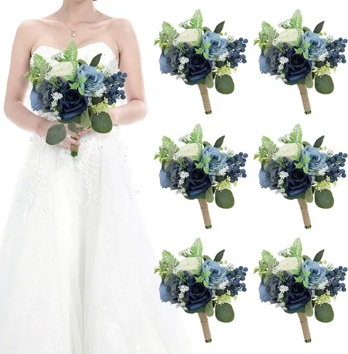 Miniatura 28 de Juego de 4 ramos para dama de honor para boda - Ramos de flores artificiales de 7 pulgadas para decoración de centros de mesa de ceremonia y Azul