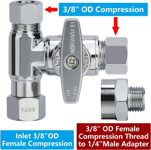 Miniatura 2 de YUHX Válvula Add-A-Tee de parada angular de latón, salida de compresión de 3/8 pulgadas conexión fácil desviador de 3 vías 3/8"x3/8"x1/4" o 3/8