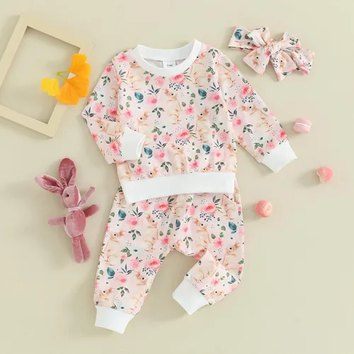 Miniatura 29 de Mandizy Conjunto de ropa de bebé niña otoño 3 6 9 12 18 24 meses sudadera de manga larga y pantalones con estampado floral y diadema