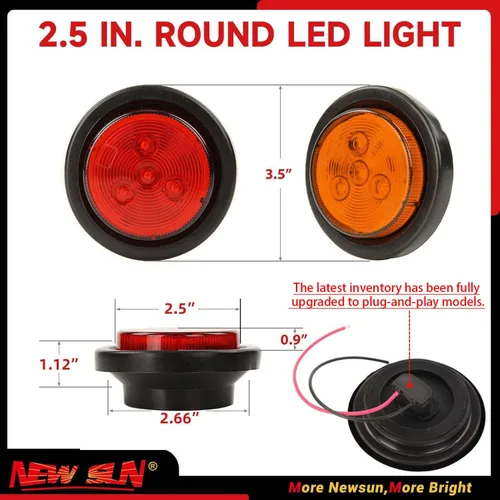 Miniatura 2 de NEW SUN® Paquete de 4 luces LED marcadoras de remolque de 2.5 pulgadas, ámbar y rojo, impermeables con diseño reflejo redondo, 4 diodos, ojales