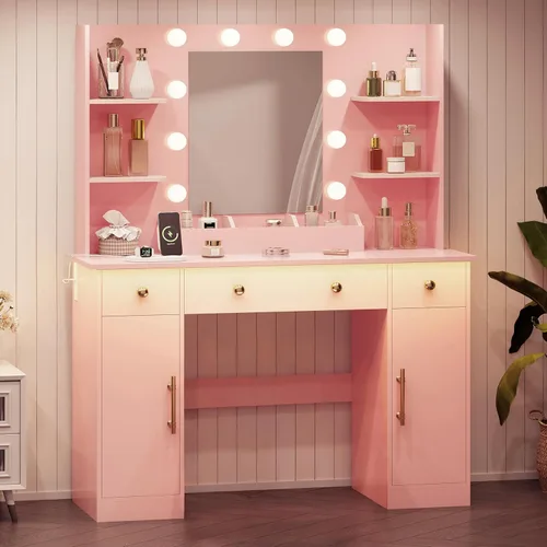 Miniatura 3 de HUANLEGO Escritorio de tocador con espejo y luces, tocador de maquillaje con espejo y luces LED y toma de corriente, 3 cajones y armarios, 3 modos