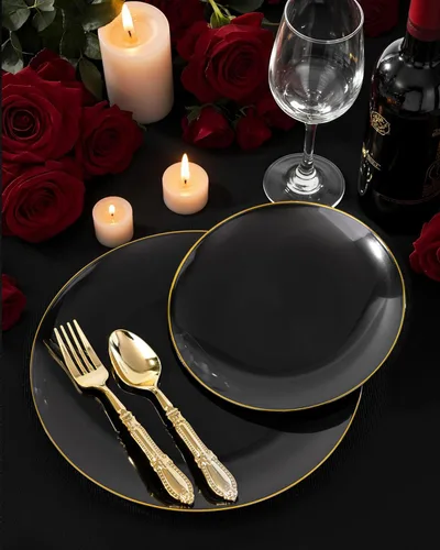 Miniatura 5 de Nervure - Juego de 100 platos de plástico desechables negros de 7.5 pulgadas, platos de postre negros desechables, platos de plástico dorado
