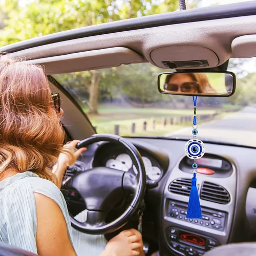 Miniatura 6 de Adorno colgante de ojo malvado de la suerte para automóvil, resina azul, cuentas contra el mal de ojo, dije con borla, espejo retrovisor, accesorios