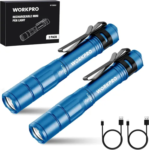 Miniatura 11 de WORKPRO Luz recargable para bolígrafo, mini linterna, paquete de 2 linternas EDC ultracompactas, linterna de bolsillo con clip, función de memoria