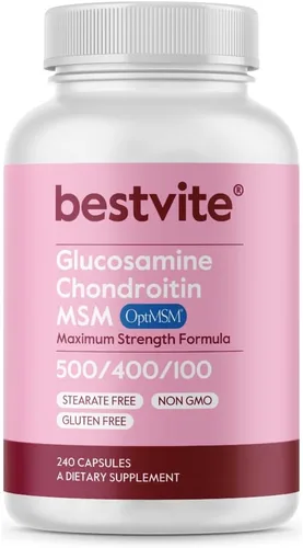 BESTVITE Glucosamina condroitina MSM 500/400/100 por cápsula (240 cápsulas) con OptiMSM patentado, fórmula de máxima resistencia para apoyo