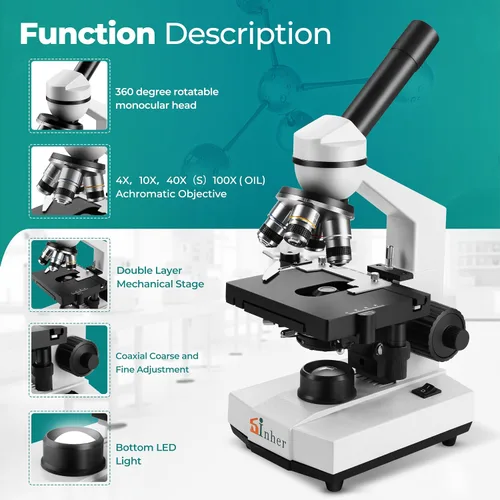 Miniatura 3 de Sinher Microscopios monoculares compuestos de ciencia profesional XSP-104 40X-1600X para adultos estudiantes niños 8-12, con diapositivas