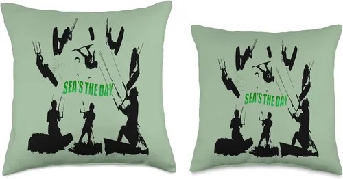 Miniatura 3 de Kitesurf Gifts and Surf Lover Tees by taiche Kitesurfer Pattern Black Silhouette Seas The Day Fun Pun 2 Throw Pillow, 16x16, Multicolor