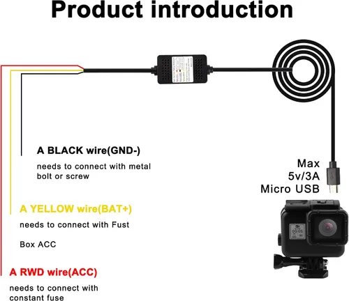 Miniatura 3 de MEIRIYFA Kit de cable duro Acc para salpicadero, cable micro USB, cable reductor, 12V-24V a DC 5V 3A, cable de alimentación para coche, cámara