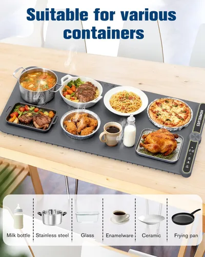 Miniatura 4 de Tapete de calentamiento de alimentos extragrande, bandeja de calentamiento eléctrico de calentamiento rápido con 9 ajustes de temperatura y Gris