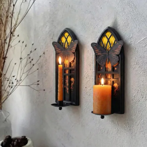 Miniatura 7 de Juego de 2 candelabros góticos de pared, de hierro con mariposa y luna, con bandejas extraíbles para velas cónicas y pilares, jardín romántico