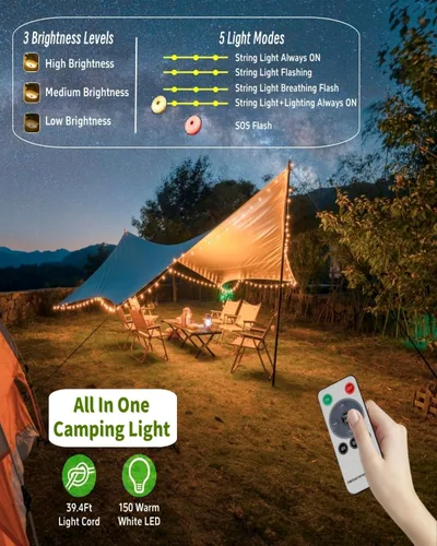 Miniatura 4 de Luces de tira solares para acampar, tira de luces de hadas de 39.4 pies, lámpara de campamento impermeable portátil 4 en 1 con 8 modos