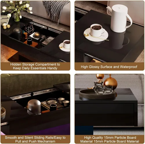 Miniatura 6 de HedoAjim - Mesa de café LED negra con almacenamiento para sala de estar, mesa de centro rectangular para sala de estar, mesas de café modernas