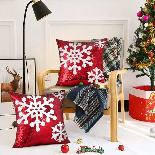 Miniatura 4 de OTOSTAR Juego de 2 fundas de almohada de lentejuelas navideñas de 18 x 18 pulgadas, diseño de copo de nieve de invierno, decoración de lentejuelas