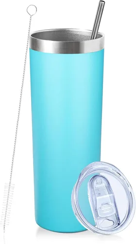 Vaso delgado de 20 oz con tapa y pajita, vaso aislado al vacío de acero inoxidable con pared doble a prueba de fugas, taza de café, vaso térmico