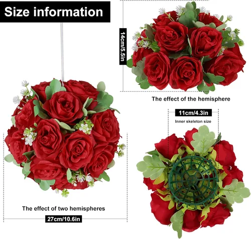 Miniatura 4 de 10 centros de mesa de bola de flores artificiales para bodas, bolas de beso, rosas de seda rojas, arreglos florales románticos para compromiso