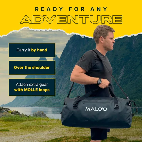 Miniatura 4 de Malo’o Bolsa de lona impermeable seca, Bolsa de equipo resistente de cubierta enrollable impermeable con correas para el hombro y bucles Molle, Negro