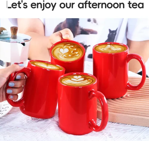 Miniatura 2 de Tazas de café de porcelana de 16 onzas, taza clásica de cerámica en blanco con mango grande para té y café con leche, capuchino, juego de 4, rojo