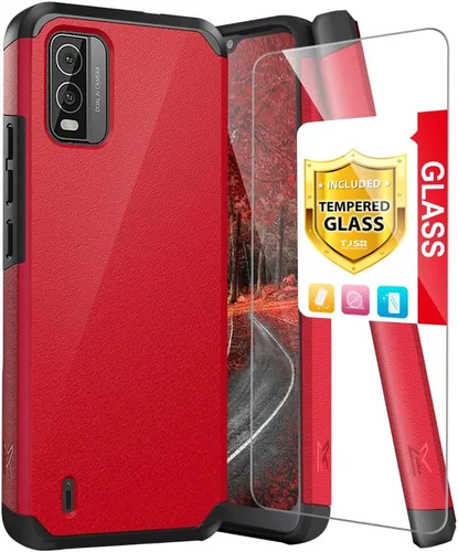 TJS Funda compatible con Nokia C210, con protector de pantalla de vidrio templado de doble capa, soporte magnético híbrido a prueba de golpes, funda