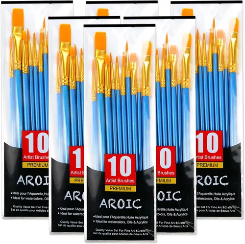 Miniatura 16 de AROIC Pinceles de pintura acrílica, 6 paquetes/60 piezas, juego de pinceles de nailon para pintura al óleo para acuarela, kits profesionales de Rosa