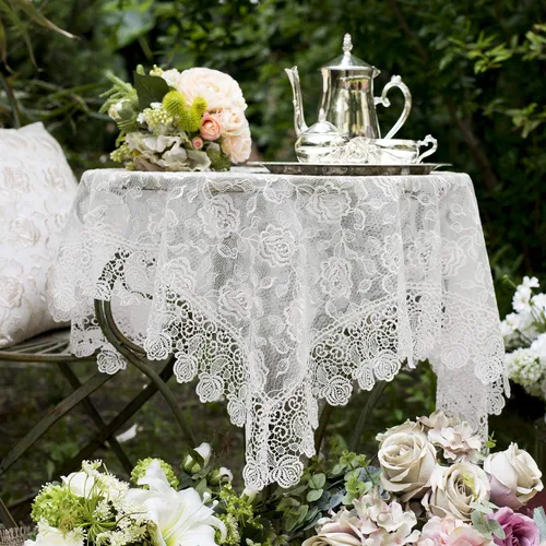 Miniatura 9 de SUTAVIA Mantel redondo de encaje con flores doradas de rosa, cubierta de mesa de café clásica a prueba de polvo, protector de mesa para comedor