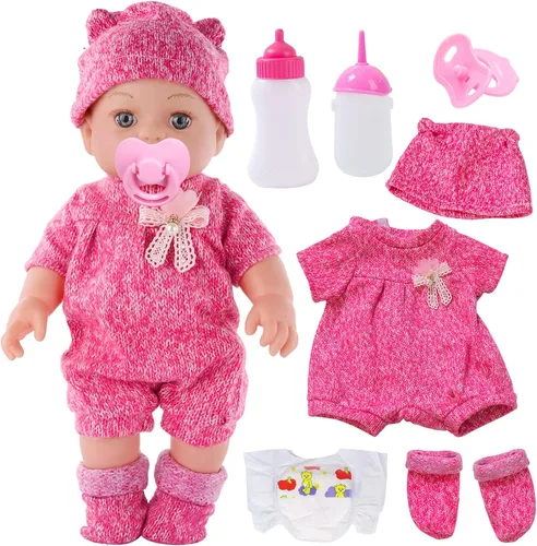 DONTNO Muñeca de bebé de 12 pulgadas con ropa y accesorios, Set de alimentación y cuidado de muñeca bebé renacida viva con biberones, pañal y