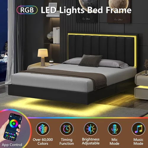Miniatura 3 de IMMERSTABLE Marco de cama flotante tamaño Queen, marco de cama tapizado tamaño Queen con cabecero, luces LED RGB, soporte de listones de madera Negro