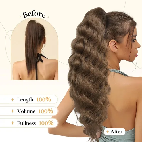 Miniatura 6 de Flufymooz Extensión de cola de caballo, 26 pulgadas, ondulado, con cordón, extensión de pelo largo, extensión de pelo sintético suave para mujer