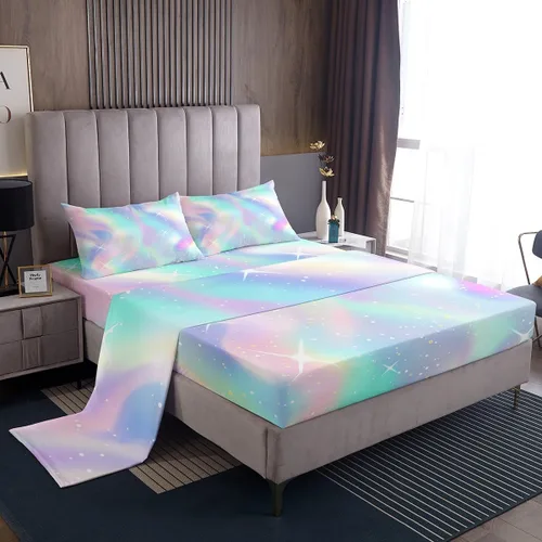 Miniatura 30 de Juego de sábana bajera ajustable de teñido anudado para niñas, juego de ropa de cama con diseño de arco iris degradado de arcoíris, lindo juego