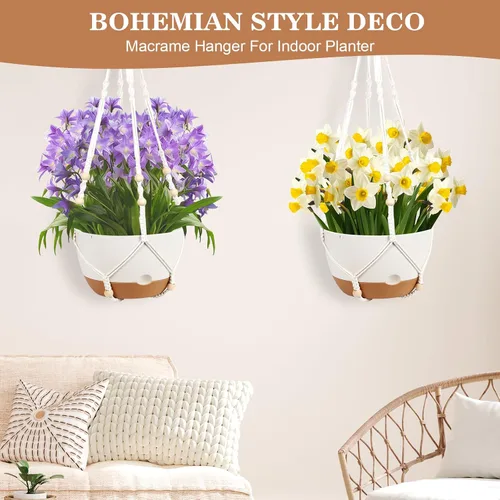Miniatura 4 de Paquete de 3 macetas colgantes para plantas de interior, maceta colgante de riego automático de 10 + 10 + 8 pulgadas, colgador de plantas de macramé