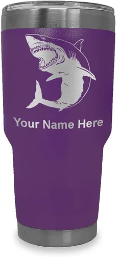Miniatura 24 de LaserGram Vaso aislado al vacío de 20 onzas, gran tiburón blanco, grabado personalizado incluido (negro)