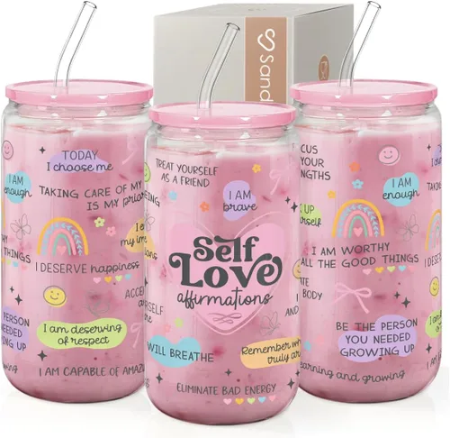 Miniatura 10 de SANDJEST Vaso de Vidrio con Margaritas en Patrón de Tablero de Ajedrez, Taza Floral a Cuadros con Tapa y Pajita, Tazas Estéticas de Café Helado